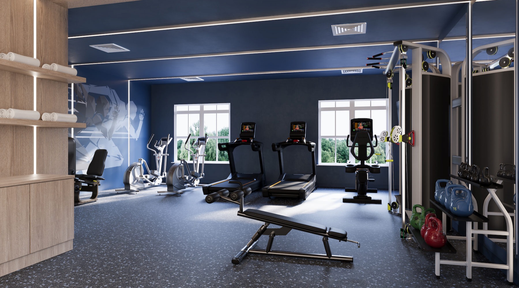 Fitness Center Large fitness center with large windows and plenty of equipment