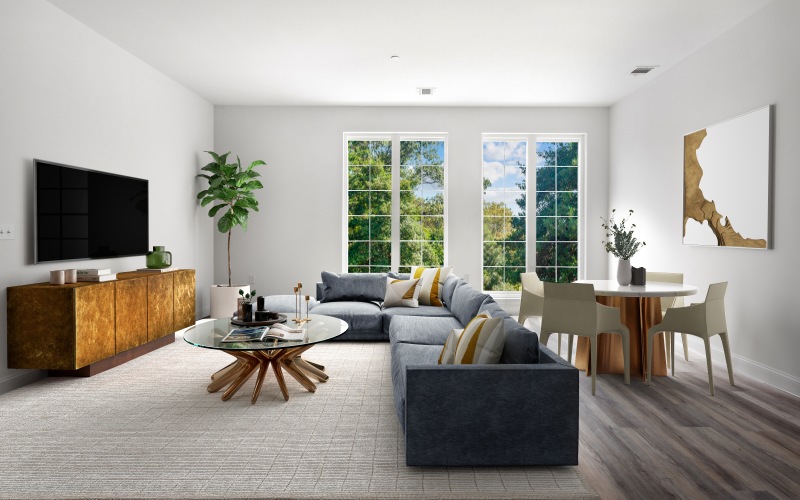 living room with wood floors, entertainment seating and dining room
